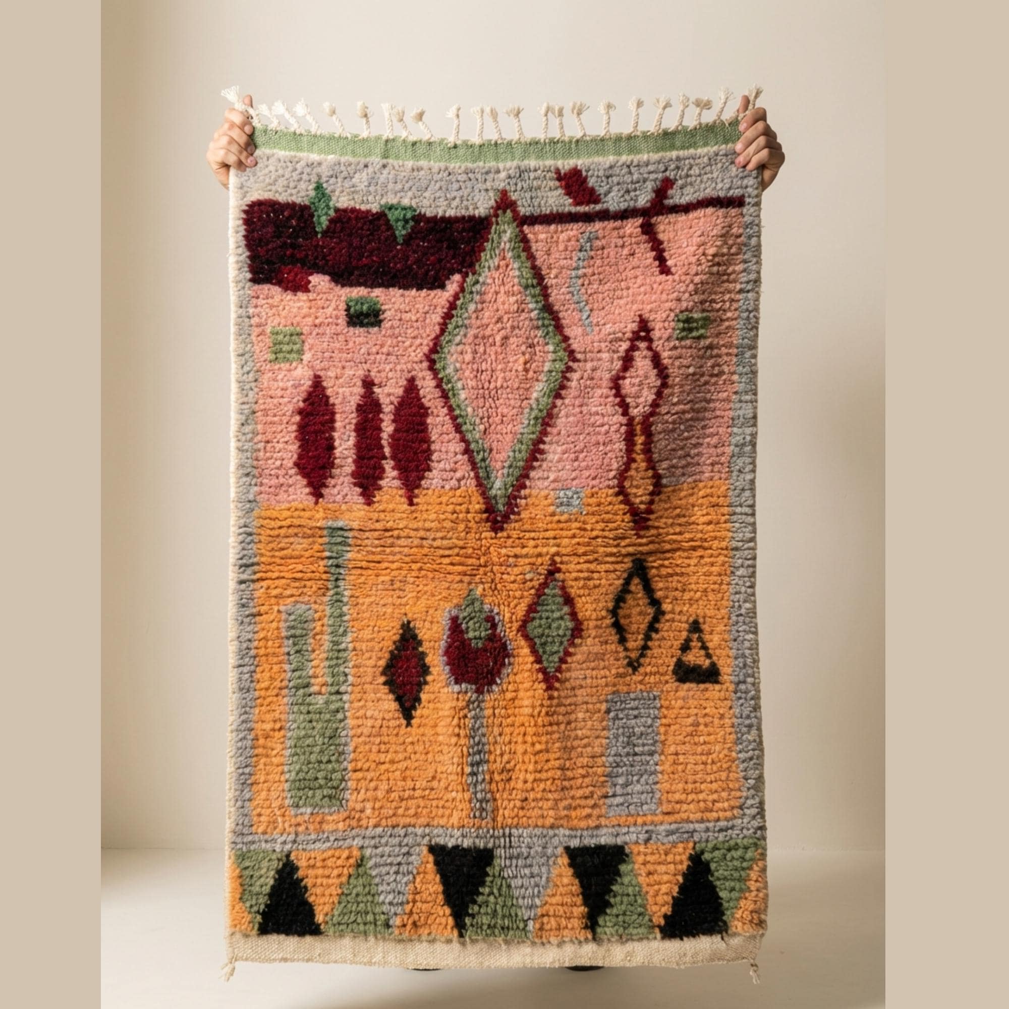 Boujaad Rug - Peach Sage Green Wool Rug - Handmade Geometric Rug - Earthy Boho Area Rug - Colorful Berber Carpet - Multiple Sizes