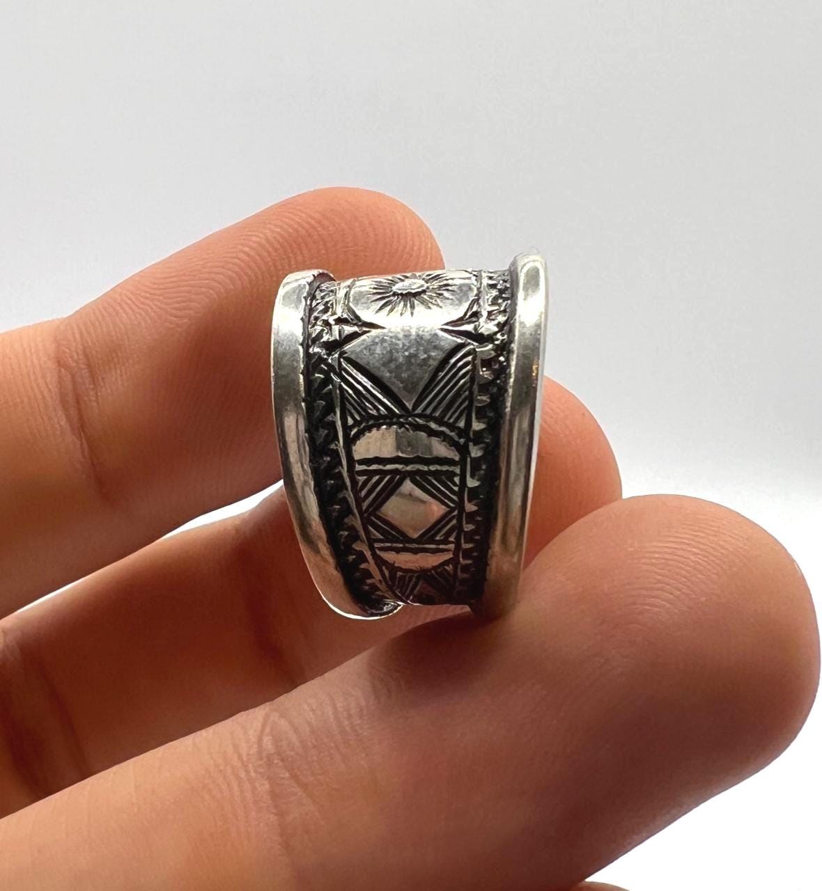 Sterling Silver Amazigh Ring - Hand-Engraved Berber Tribal Band (Size 7 US)