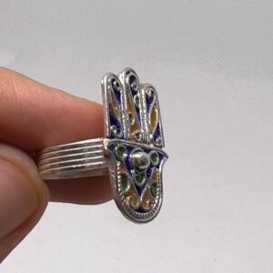 Kabyle Hamsa Hand Sterling Silver Ring: Berber Enamel Ethnic Jewelry