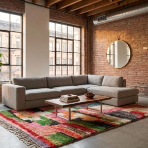 Tribal Wool Rug Multicolor - Handwoven Boujaad Berber Carpet, Pink Green Color Block Boho Custom Living Room Area Rug