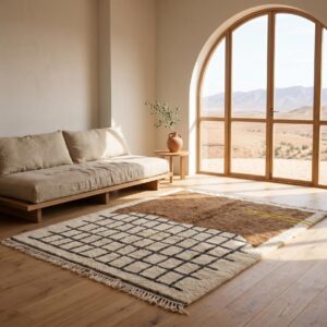 Chocolate Brown Grid Amazigh Rug, Hand-Knotted Beni Ourain Wool Carpet, Earthy Modern Shag