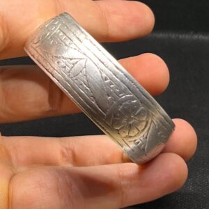 Antique Berber Silver Cuff Bangle Bracelet: Old Rose Flower Ethnic Tribal Jewelry, 1940s Made
