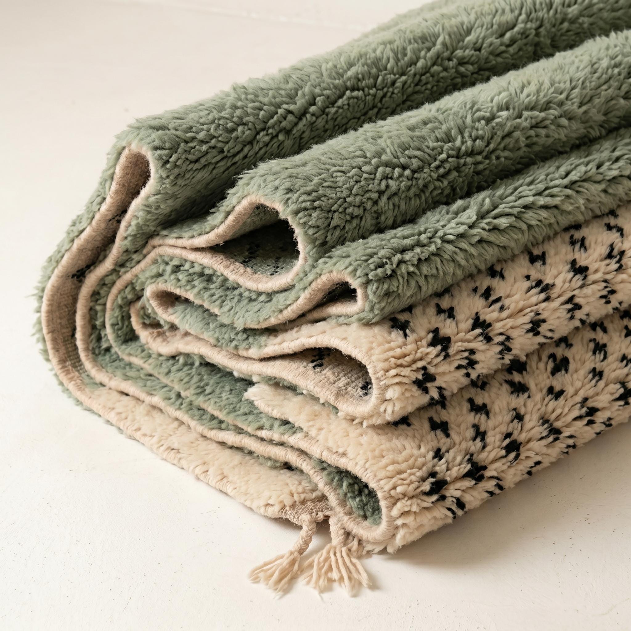 Boujaad Rug - Sage Green Ivory Wool Rug - Handmade Color Block Dot Rug - Modern Area Rug - Berber Carpet - Multiple Sizes