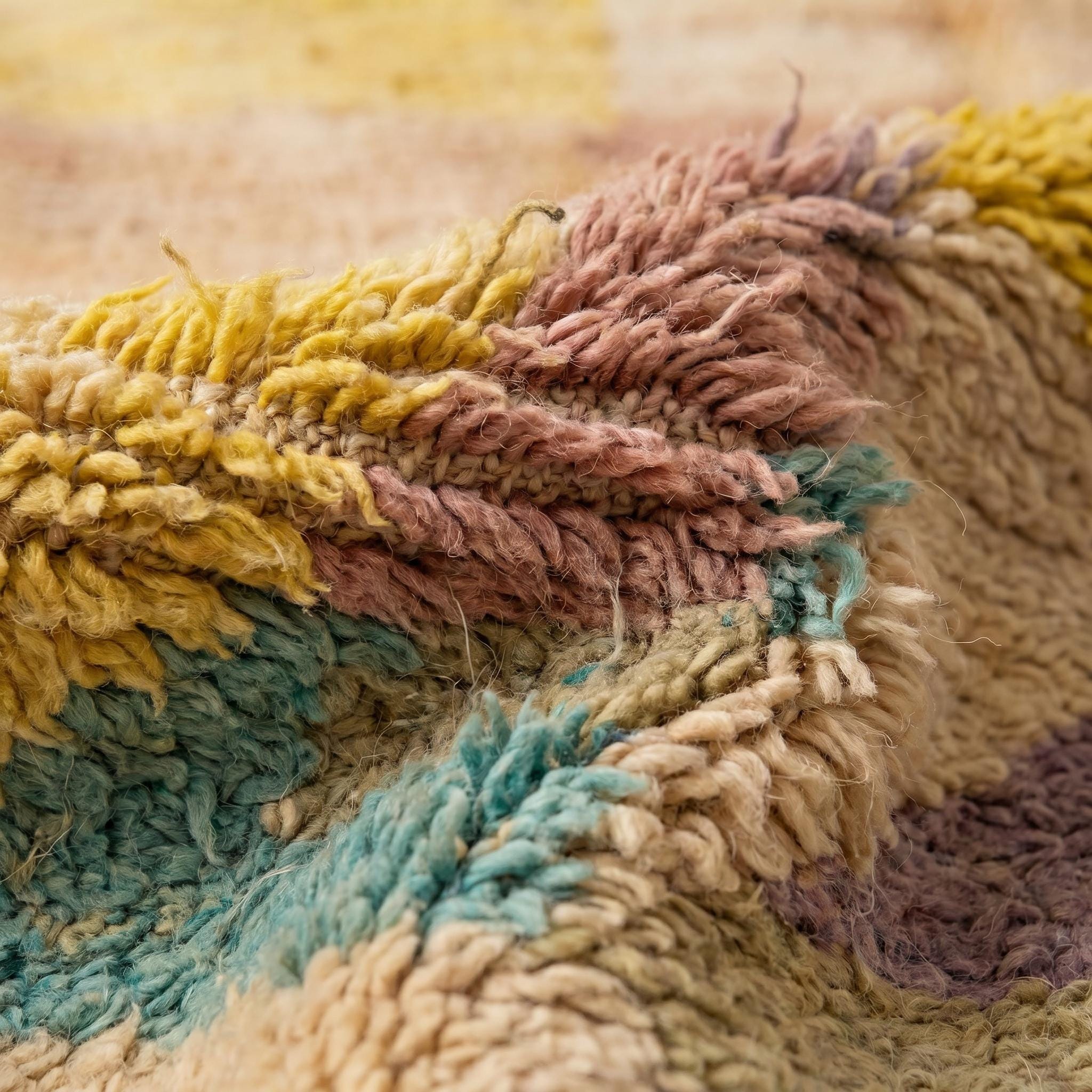 Boujaad Rug - Ivory Yellow Teal Pastel Wool Rug - Handmade Abstract Color Block Rug - One of a Kind Boho Berber Carpet