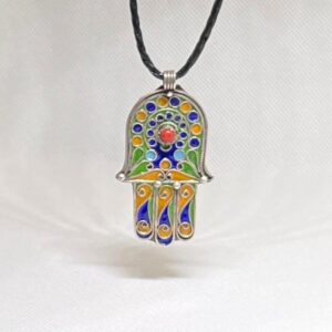Enamel Hamsa Hand Sterling Silver Pendant: Amazigh Berber Coral Necklace