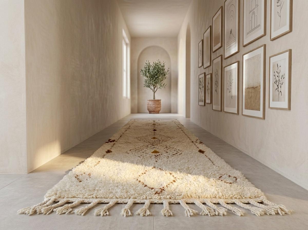 Beni Ourain Runner Rug, Berber Hallway Carpet, Cream and Brown Tribal Shag, Modern Minimalist Entryway Decor, Custom Size
