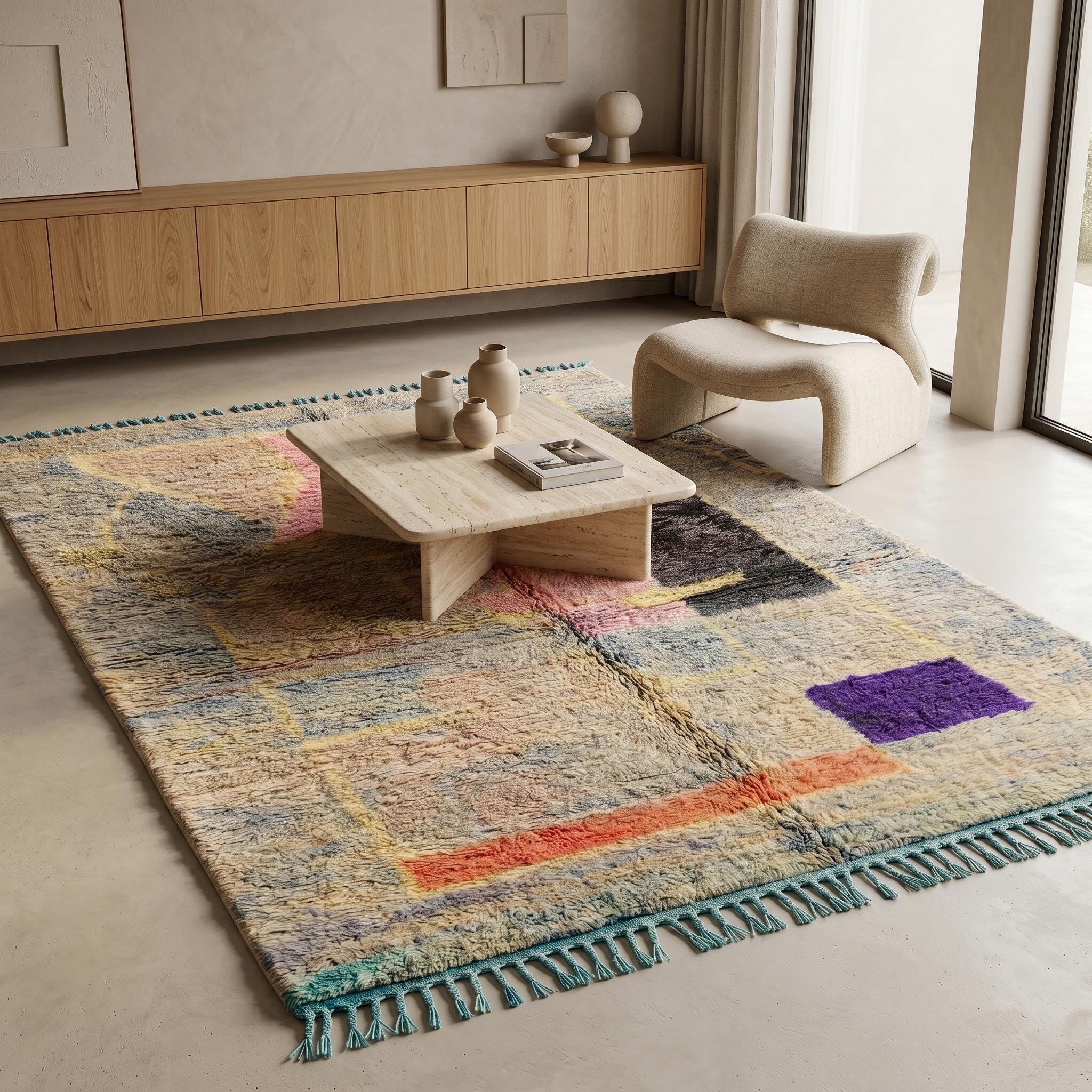 Boujaad Rug - Grey Blue Pink Wool Rug - Handmade Abstract Geometric Art Rug - One of a Kind Boho Berber Carpet