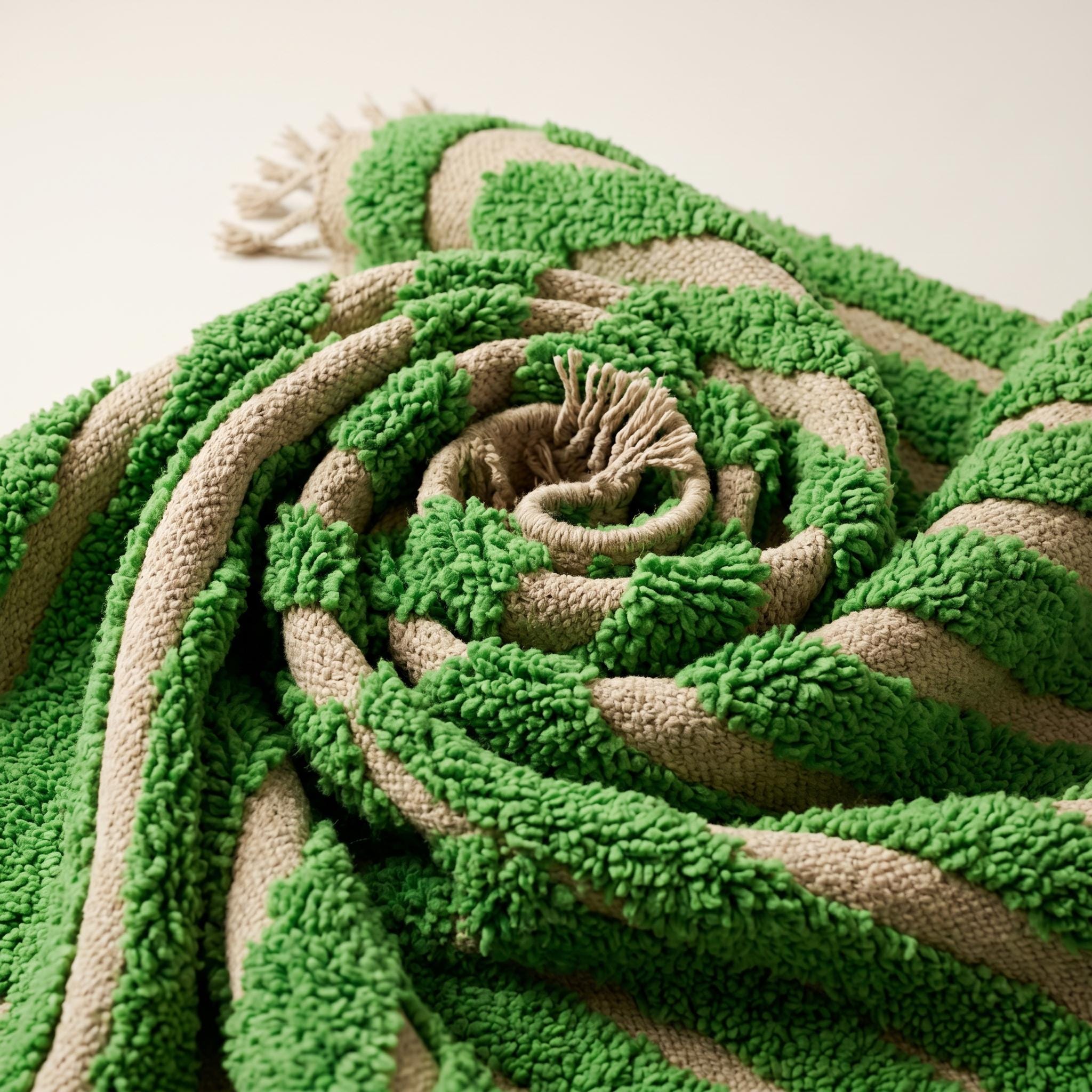 Rug - Green Ivory Stripe Wool Rug - Handmade Berber Graphic Rug - Bright Green Boho Area Rug - Maze Pattern Carpet - Multiple Sizes