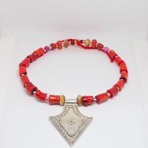 Antique Berber Coral Necklace: Sterling Silver Tuareg Tibetan Pendant, Jewelry