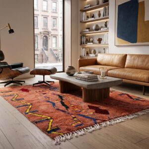 Berber Terracotta Rug, Abstract Tribal Wool Area Rug, Rust Red Boujaad Carpet, Hand Knotted Earthy Custom Boho Area Rug