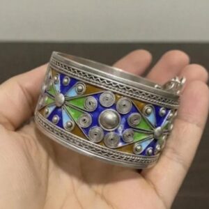 Vintage Berber Sterling Silver Cuff Bracelet: Ethnic Tribal Handcrafted Kabyle Enamel Silver Jewelry