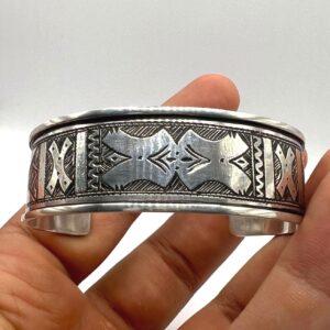 Sterling Silver Tuareg Cuff Bracelet: Hand-Engraved Berber Tribal Bangle, Boho Ethnic African Hammered Jewelry