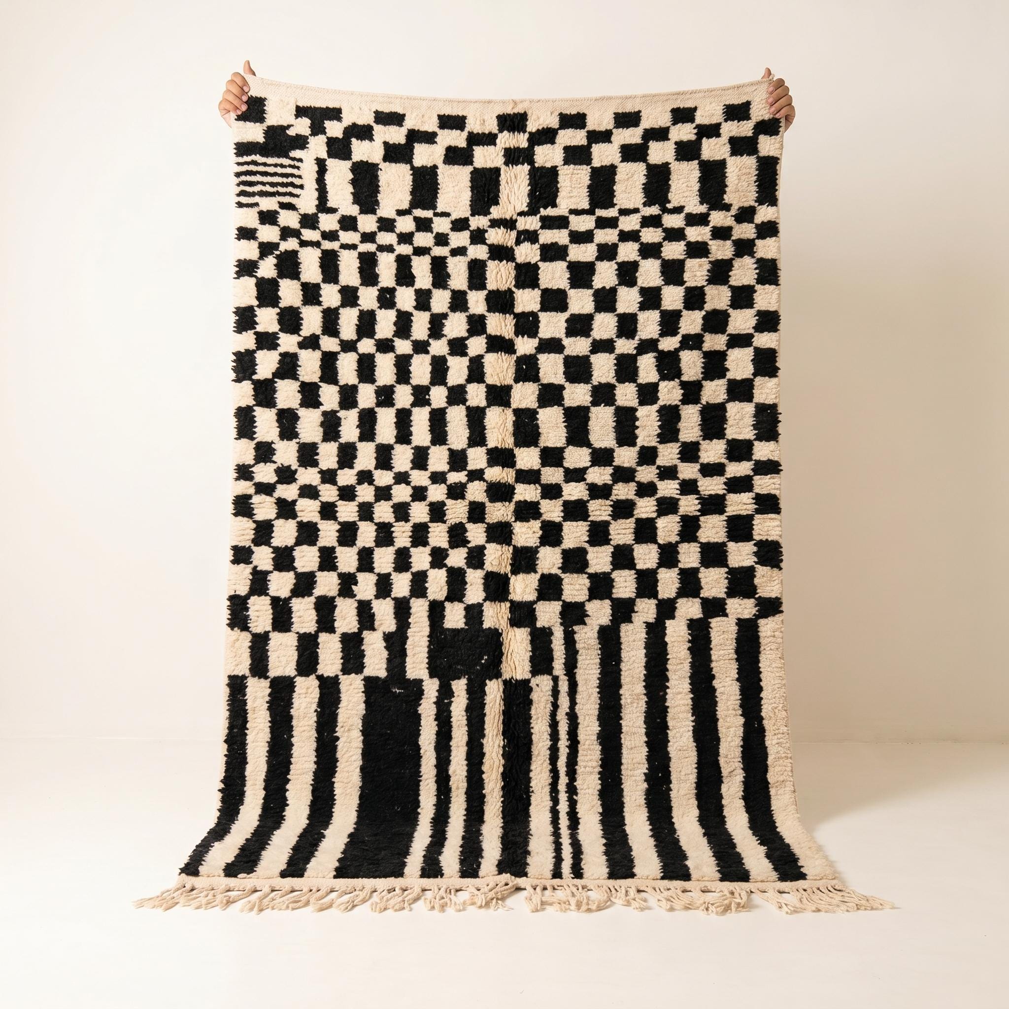 Checkered Rug - Ivory Black Wool Rug - Handmade Checker Stripe Transition Rug - Modern Area Rug - Berber Carpet - Multiple Sizes