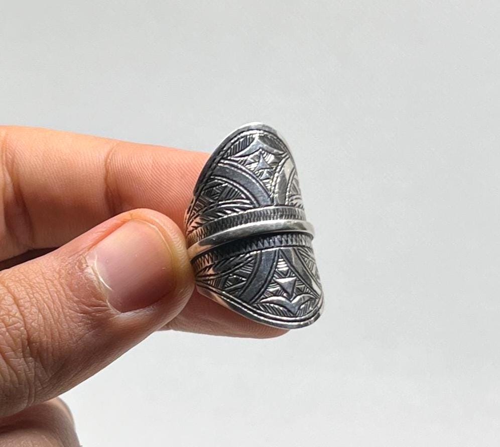 Berber Sterling Silver Ring: Engraved Tuareg Tribal Jewelry, Size 9