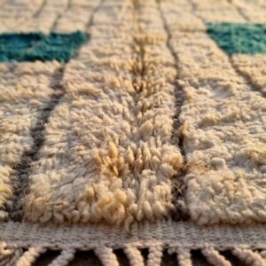 Ivory & Teal Beni Ourain Rug - Handwoven Wool Shag, Color Block Berber Carpet, Modern Boho Living Room Area Rug
