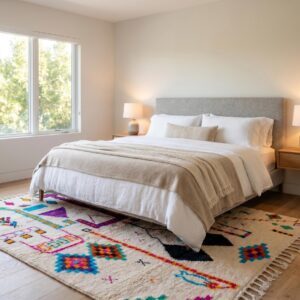 Azilal Rug - Ivory Wool Shag with Multicolor Folk Art Symbols, Handmade Tribal Berber Area Rug