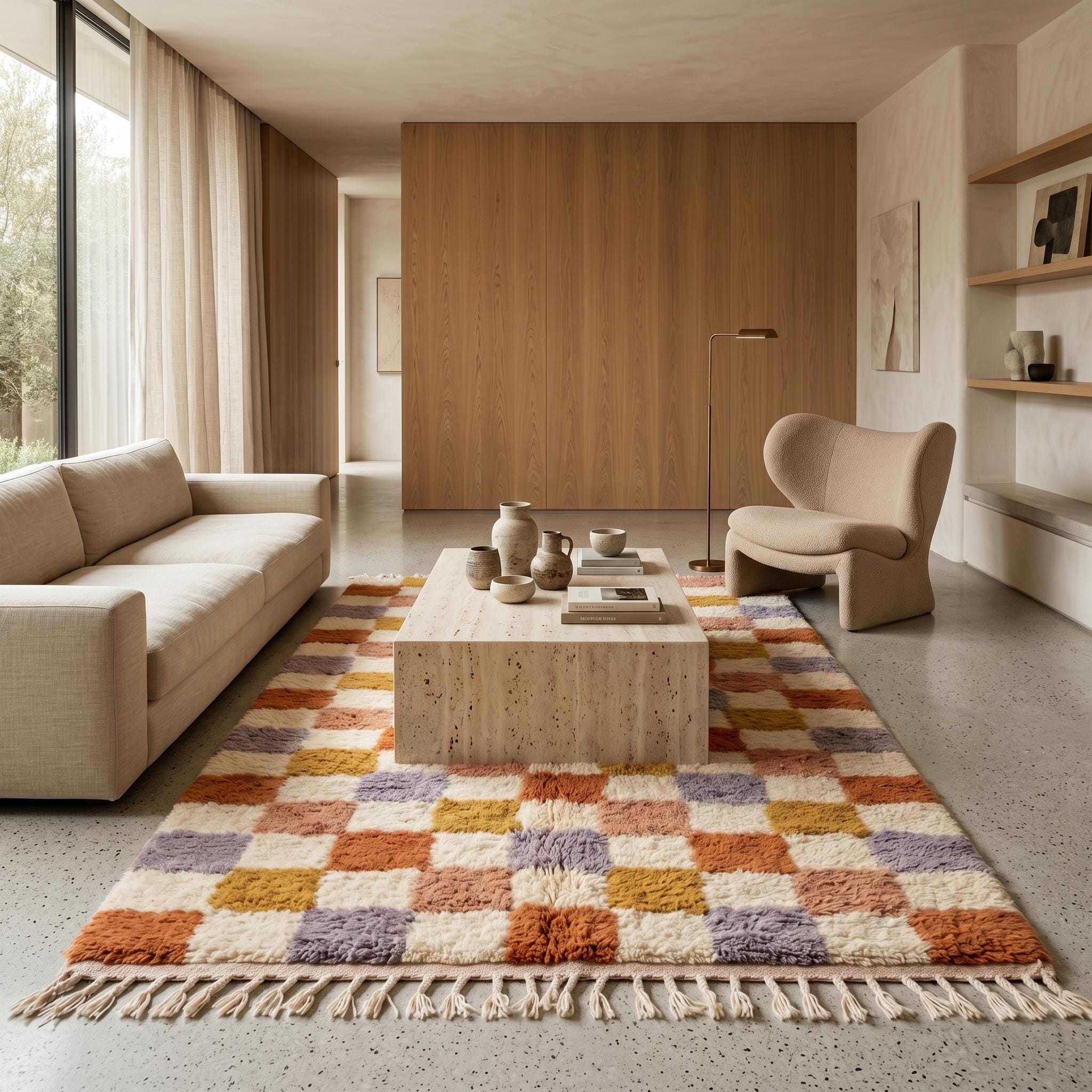 Checkered Rug - Ivory Multicolor Wool Rug - Handmade Checker Rug - Boho Area Rug - Berber Carpet - Multiple Sizes