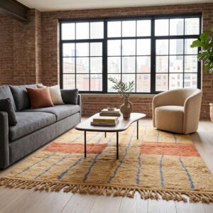 Terracotta Color Block Berber Rug - Camel & Blue Stripe Wool Shag, Handwoven Beni ourain Living Room Rug