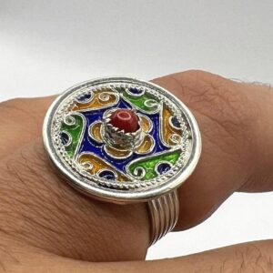 Kabyle Berber Ring: Sterling Silver, Enamel Coral - Handmade Adjustable Ring Size 10.5 US / 63.5 FR