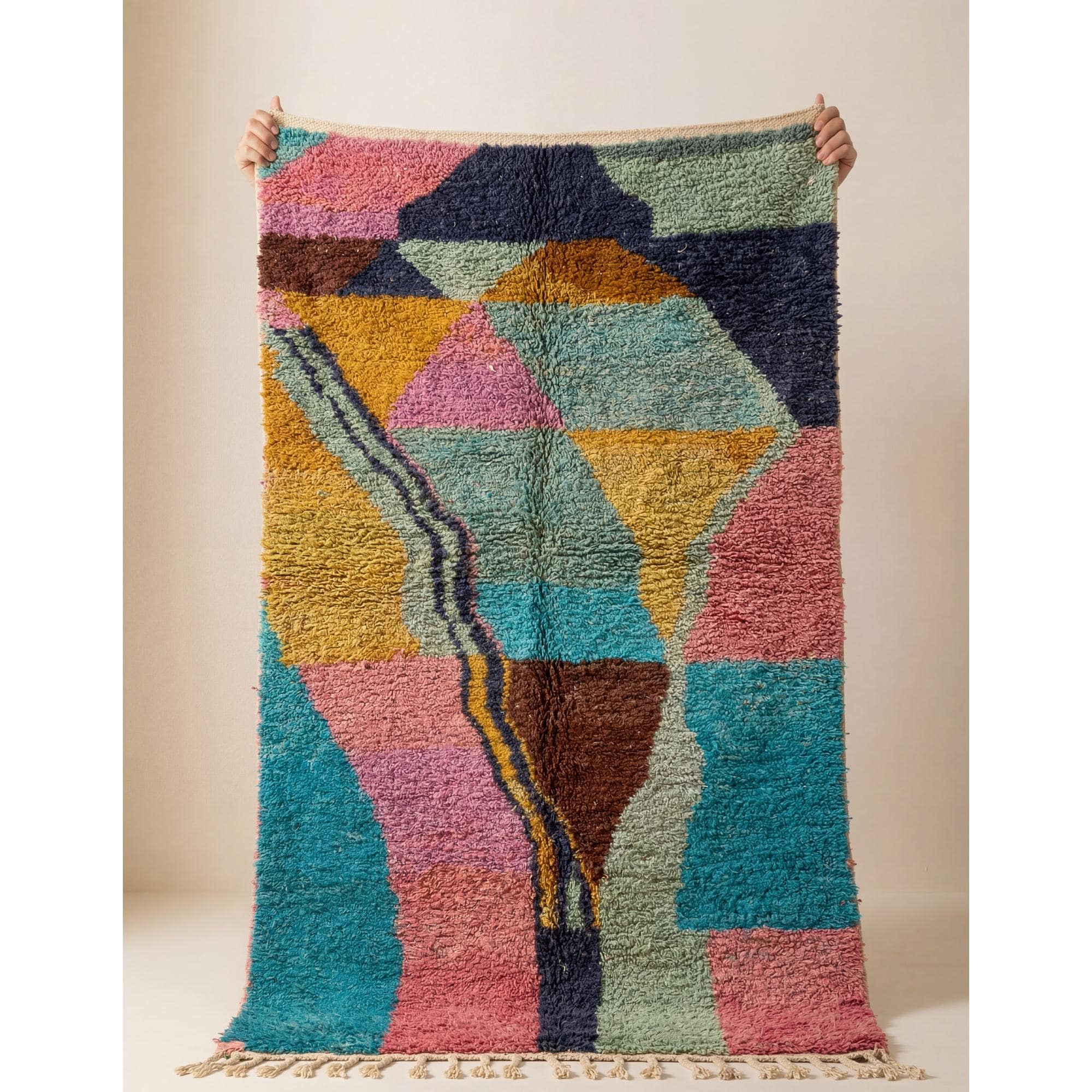 Rug 8x5 ft - Abstract Wool Rug - Color Block Berber Rug - Boho Area Rug Teal Pink - Handmade Living Room Rug - Art Rug