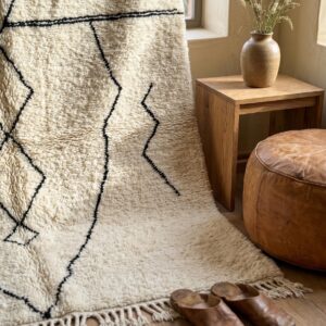 Hand-Knotted Ivory Wool Rug, Minimalist Black Diamond Berber Carpet, Scandinavian Shag Home