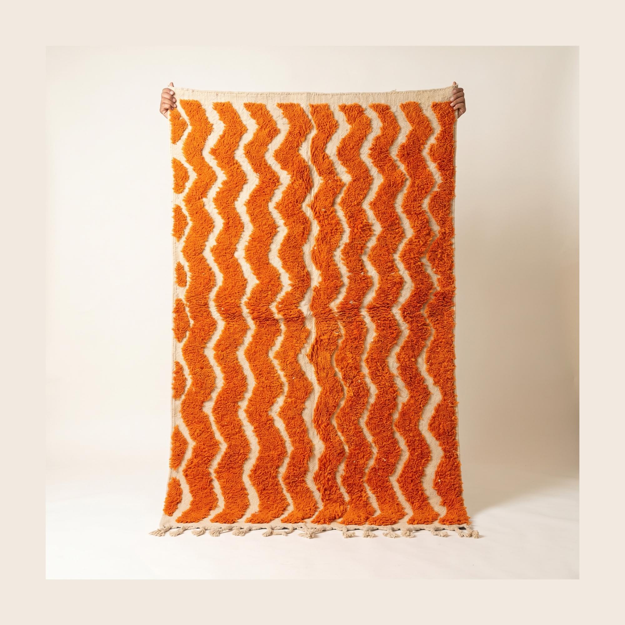Rug - Ivory Orange Zigzag Wool Rug - Handmade Berber Wave Rug - Terracotta Boho Area Rug - Abstract Stripe Carpet - Multiple Sizes
