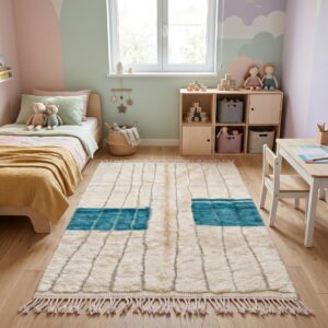 Ivory & Teal Beni Ourain Rug - Handwoven Wool Shag, Color Block Berber Carpet, Modern Boho Living Room Area Rug