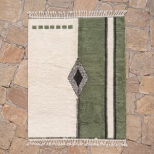 Amazigh Olive Green Beni Ourain Rug, Split Field Wool Carpet, Handmade Shag Diamond Living Room