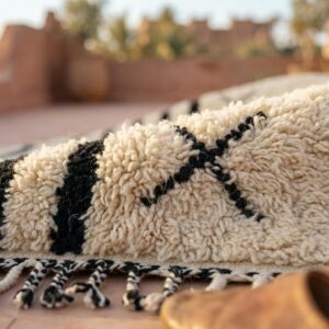 Handwoven Beni Ourain Rug, Black White Stripes, Asymmetric Berber Carpet, Boho Living Room
