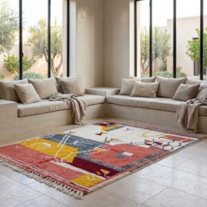 Hand Knotted Beni Ourain Wool Rug, Abstract Tribal Amazigh Carpet, Terracotta Burgundy Shag