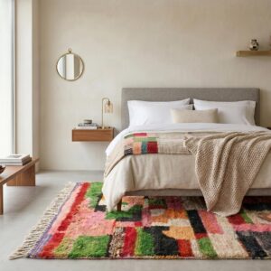 Tribal Wool Rug Multicolor - Handwoven Boujaad Berber Carpet, Pink Green Color Block Boho Custom Living Room Area Rug