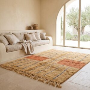 Terracotta Color Block Berber Rug - Camel & Blue Stripe Wool Shag, Handwoven Beni ourain Living Room Rug