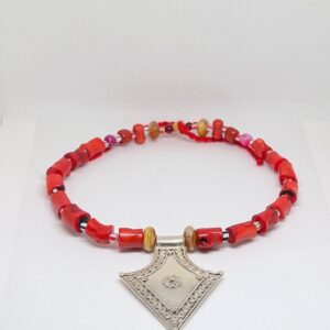 Antique Berber Coral Necklace: Sterling Silver Tuareg Tibetan Pendant, Jewelry