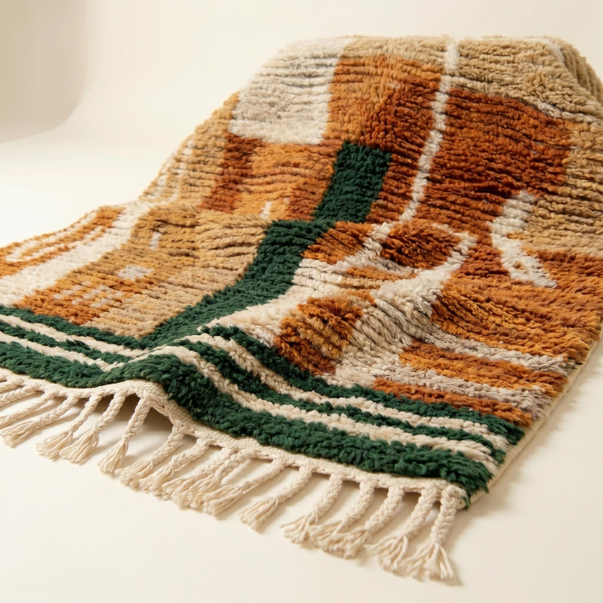 Boujaad Rug - Terracotta Forest Green Wool Rug - Handmade Abstract Art Rug - Earthy Boho Area Rug - Berber Carpet - Multiple Sizes