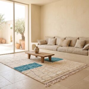 Ivory & Teal Beni Ourain Rug - Handwoven Wool Shag, Color Block Berber Carpet, Modern Boho Living Room Area Rug