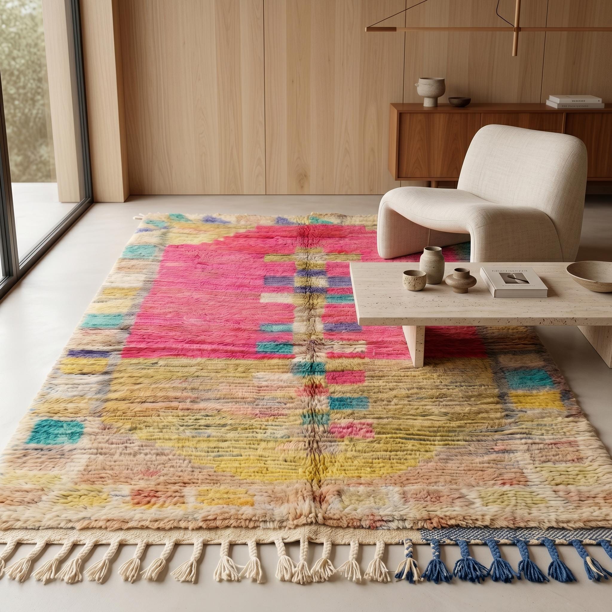 Boujaad Rug - Hot Pink Ivory Multicolor Wool Rug - Handmade Medallion Abstract Rug - One of a Kind Boho Berber Carpet