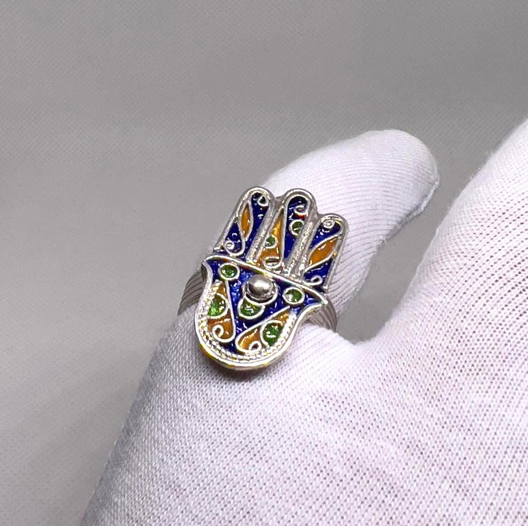 Kabyle Hamsa Hand Sterling Silver Ring: Berber Enamel Ethnic Jewelry