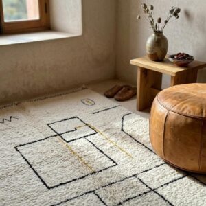 Berber Ivory Architectural Wool Rug, Black Grid Line Beni Ourain Carpet, Bauhaus Modern Shag Home