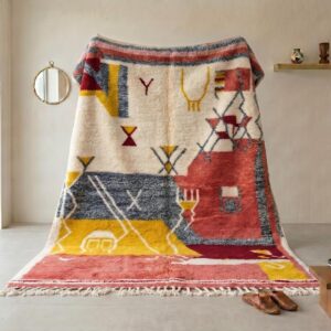 Hand Knotted Beni Ourain Wool Rug, Abstract Tribal Amazigh Carpet, Terracotta Burgundy Shag