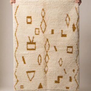 Azilal Rug - Ivory Gold Symbol Wool Rug - Handmade Berber Rug - Neutral Boho Area Rug - Mustard Tribal Carpet - Multiple Sizes
