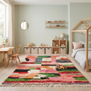Tribal Wool Rug Multicolor - Handwoven Boujaad Berber Carpet, Pink Green Color Block Boho Custom Living Room Area Rug