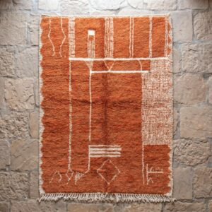 Terracotta Beni Ourain Berber Carpet, Abstract Shag Wool Rug, Desert Modern Living Room