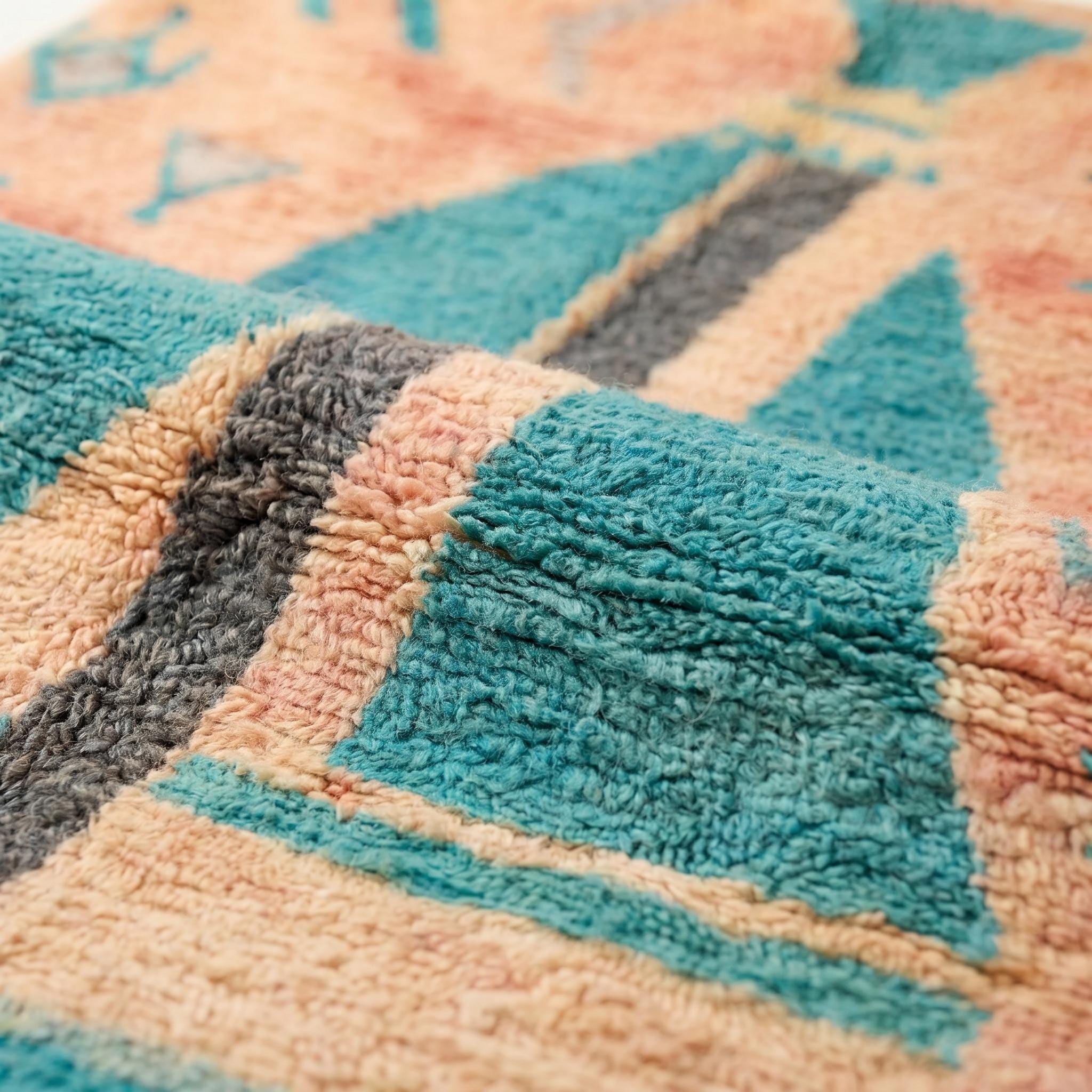 Boujaad Rug - Salmon Pink Teal Wool Rug - Handmade Tribal Symbol Abstract Rug - One of a Kind Boho Berber Carpet