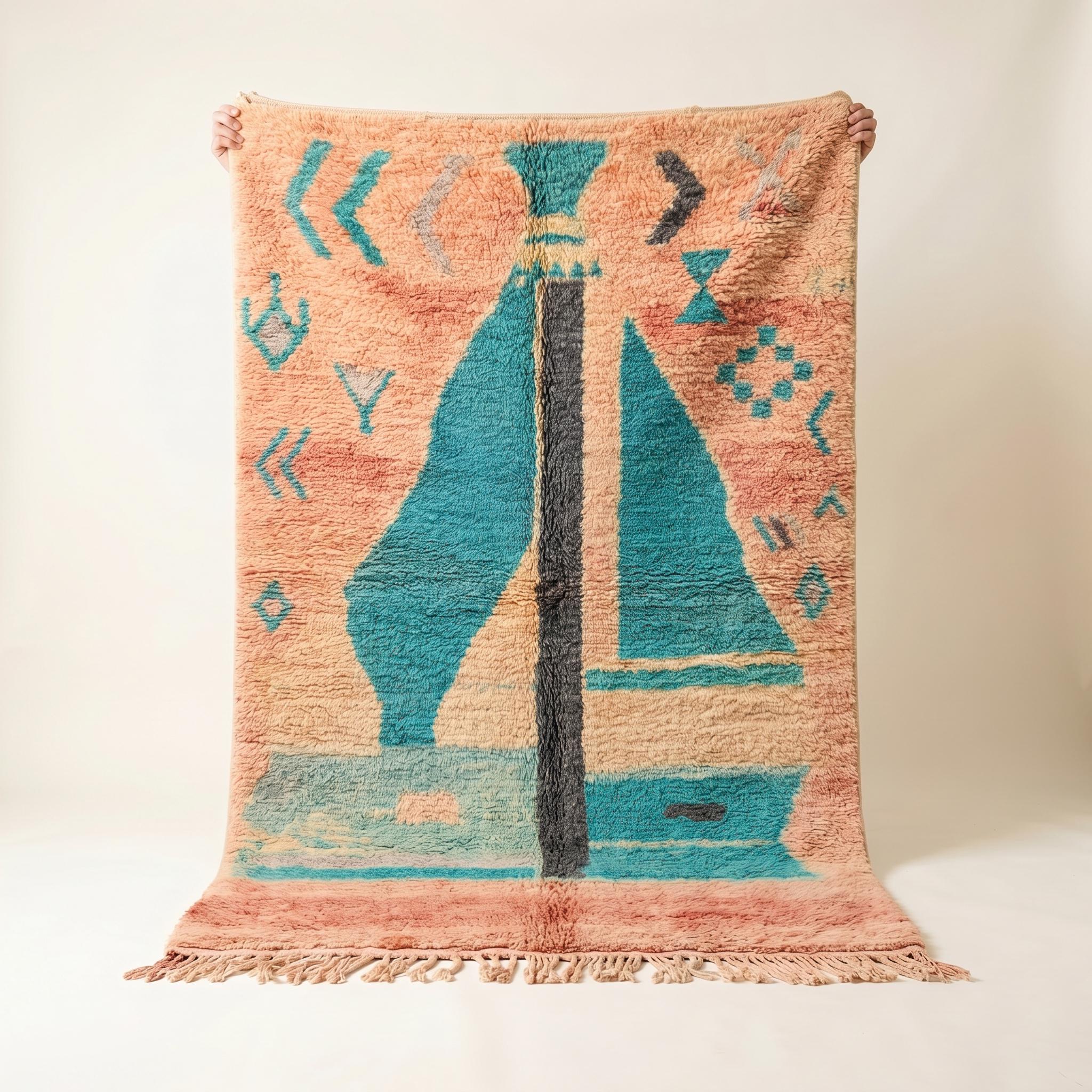 Boujaad Rug - Salmon Pink Teal Wool Rug - Handmade Tribal Symbol Abstract Rug - One of a Kind Boho Berber Carpet