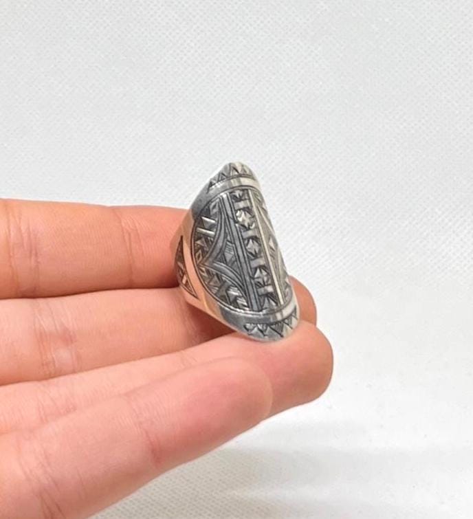 Berber Sterling Silver Ring: Engraved Tuareg Tribal Jewelry, Size 10 US