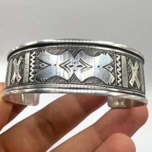 Sterling Silver Tuareg Cuff Bracelet: Hand-Engraved Berber Tribal Bangle, Boho Ethnic African Hammered Jewelry