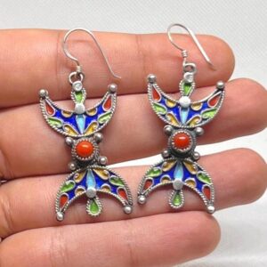 Berber Enamel Coral Sterling Silver Earrings: Amazigh Yaz Symbol Tribal Jewelry
