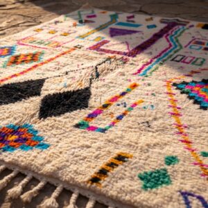 Azilal Rug - Ivory Wool Shag with Multicolor Folk Art Symbols, Handmade Tribal Berber Area Rug