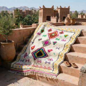 Amazigh Handmade Beni Ourain Wool Rug, Rainbow Diamond Shag Carpet, Boho Eclectic Ivory Pink Green
