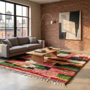 Tribal Wool Rug Multicolor - Handwoven Boujaad Berber Carpet, Pink Green Color Block Boho Custom Living Room Area Rug